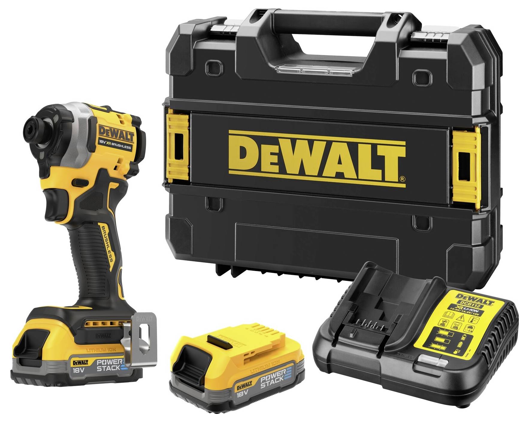 A yellow, cordless DeWalt impact driver with battery, charger, and carry case. Perfect for construction and DIY projects.