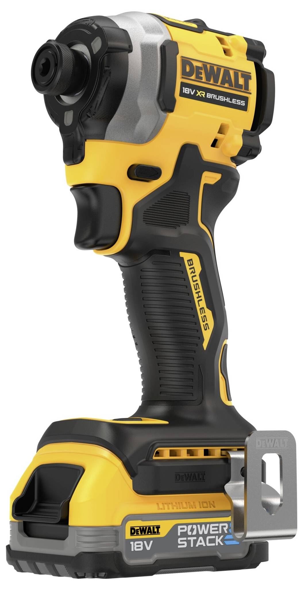 A yellow and black DeWalt 18V cordless impact driver with an ergonomic grip and metal mounting bracket, suitable for construction work.