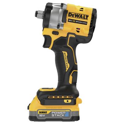 A yellow and black DeWalt cordless impact driver, 18V XR model, with a PowerStack battery, pictured from the side.