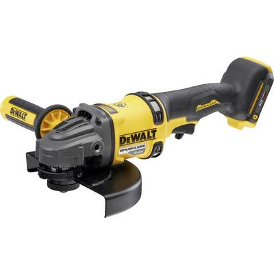 A yellow, cordless angle grinder by DeWalt, with an ergonomic handle and protective cover, lies on a white background.
