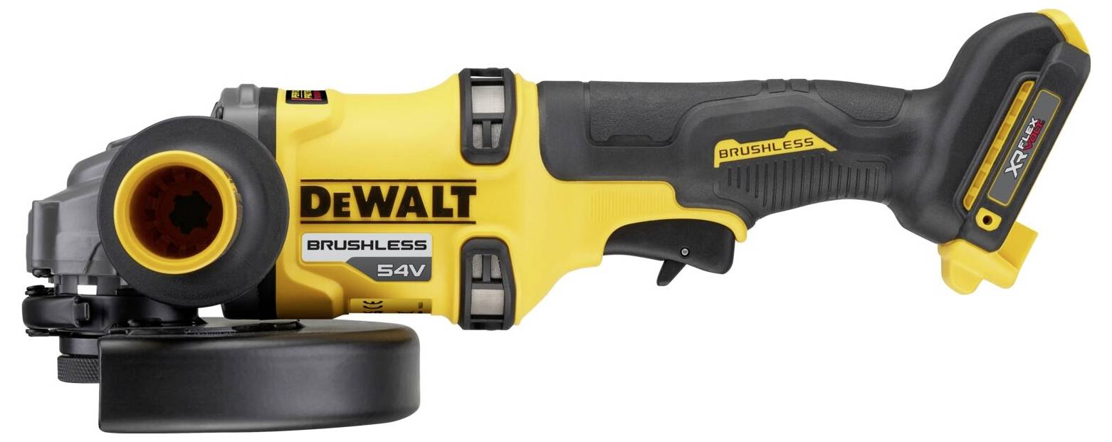 A yellow, battery-powered angle grinder with the brand logo. It has a black handle and a protective cover over the disc.