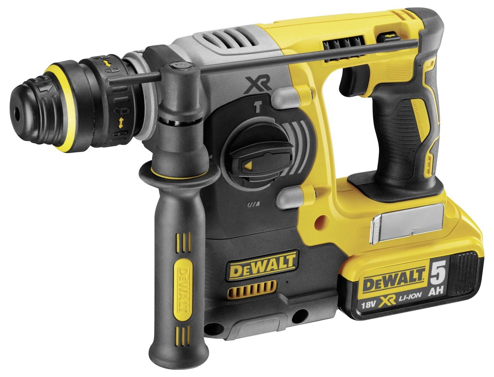 Yellow and black cordless hammer drill with handle and lithium-ion battery, suitable for heavy-duty drilling and construction applications.