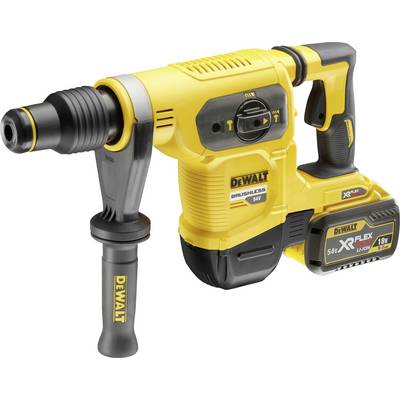 Yellow cordless hammer drill with black handle, side auxiliary grip, and interchangeable battery, DeWalt brand, suitable for construction work.