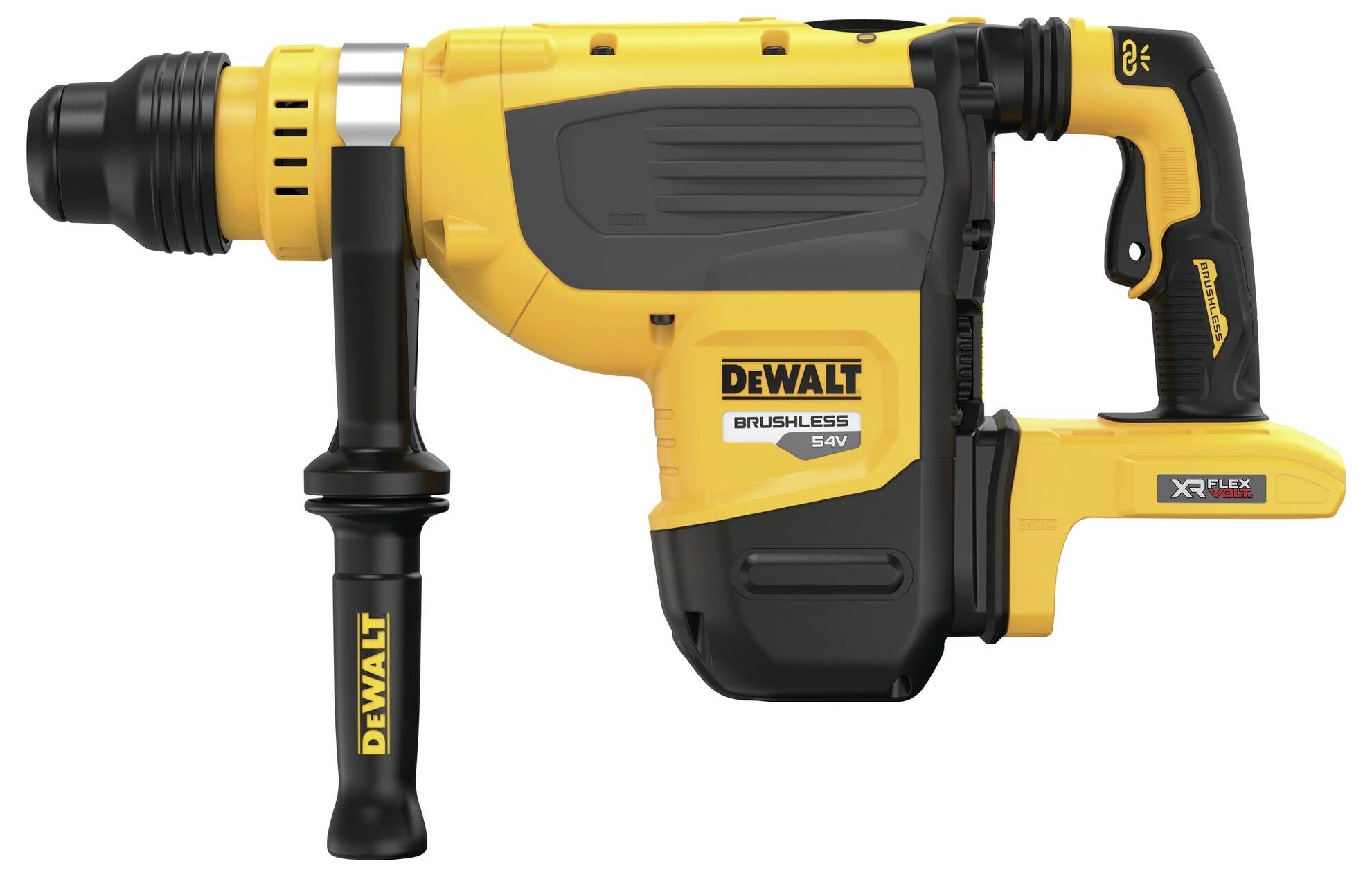 'Cordless hammer drill with a black and yellow casing, side handle, and various buttons.'