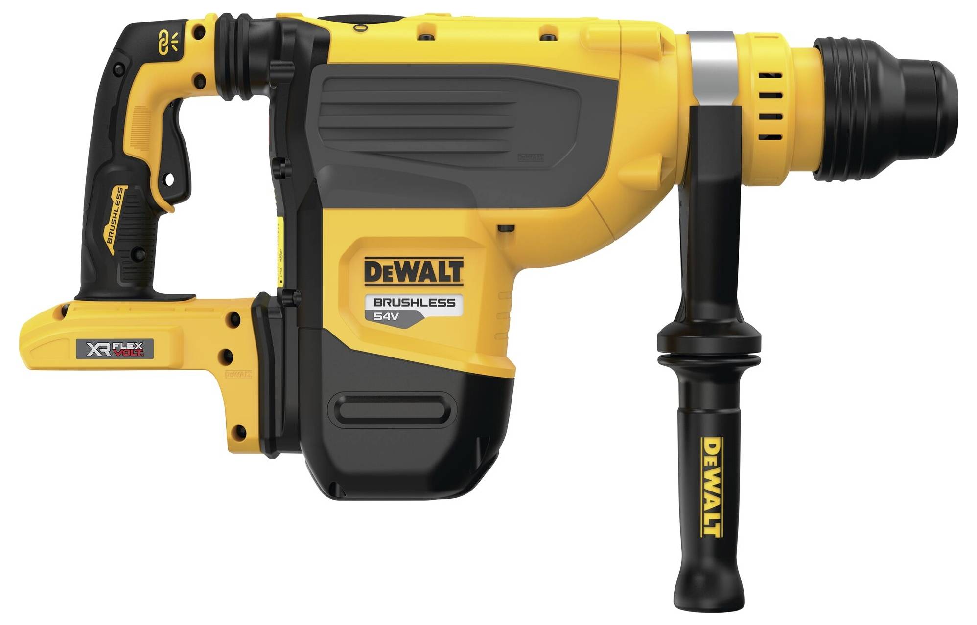 'DeWalt Brushless 54V' hammer drill in yellow and black, with an ergonomic handle.
