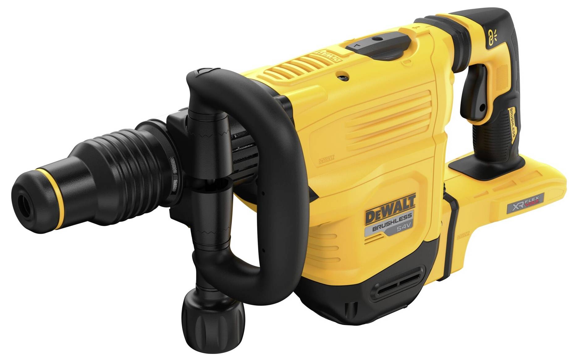 A yellow electric hammer drill with a black handle and rotating head, suitable for construction and demolition work.