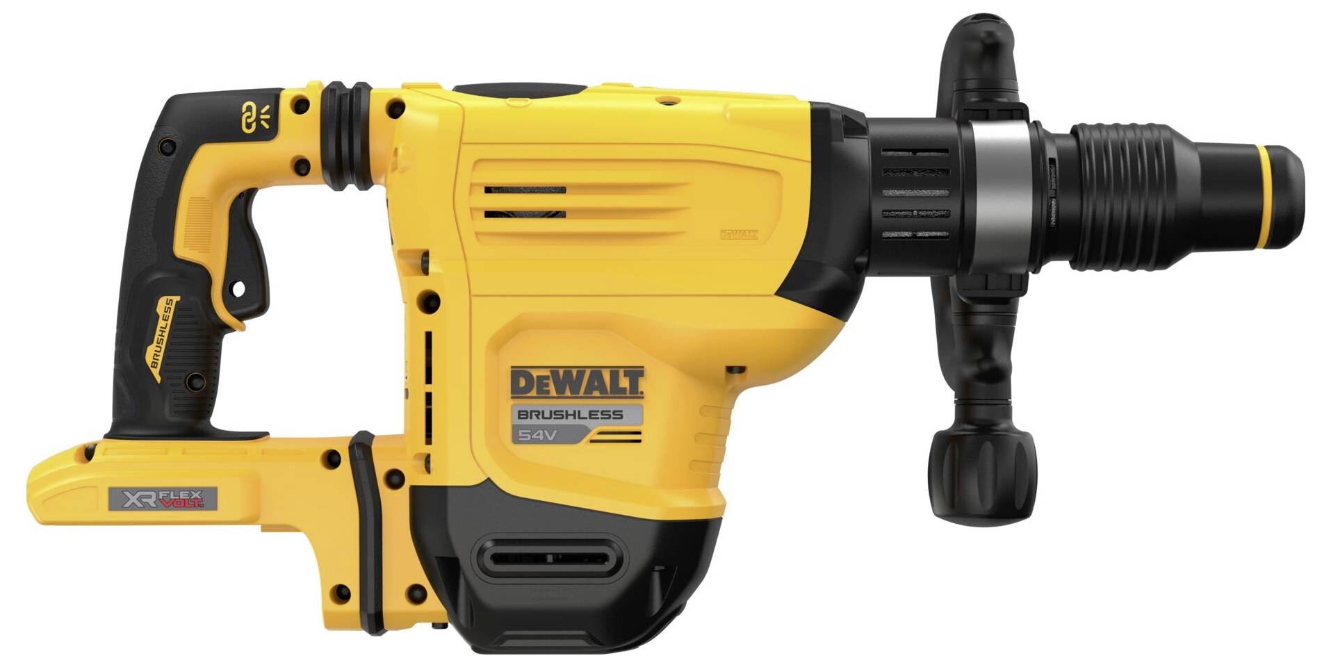 A yellow electric hammer with a black handle and marking details; suitable for heavy construction and demolition work.