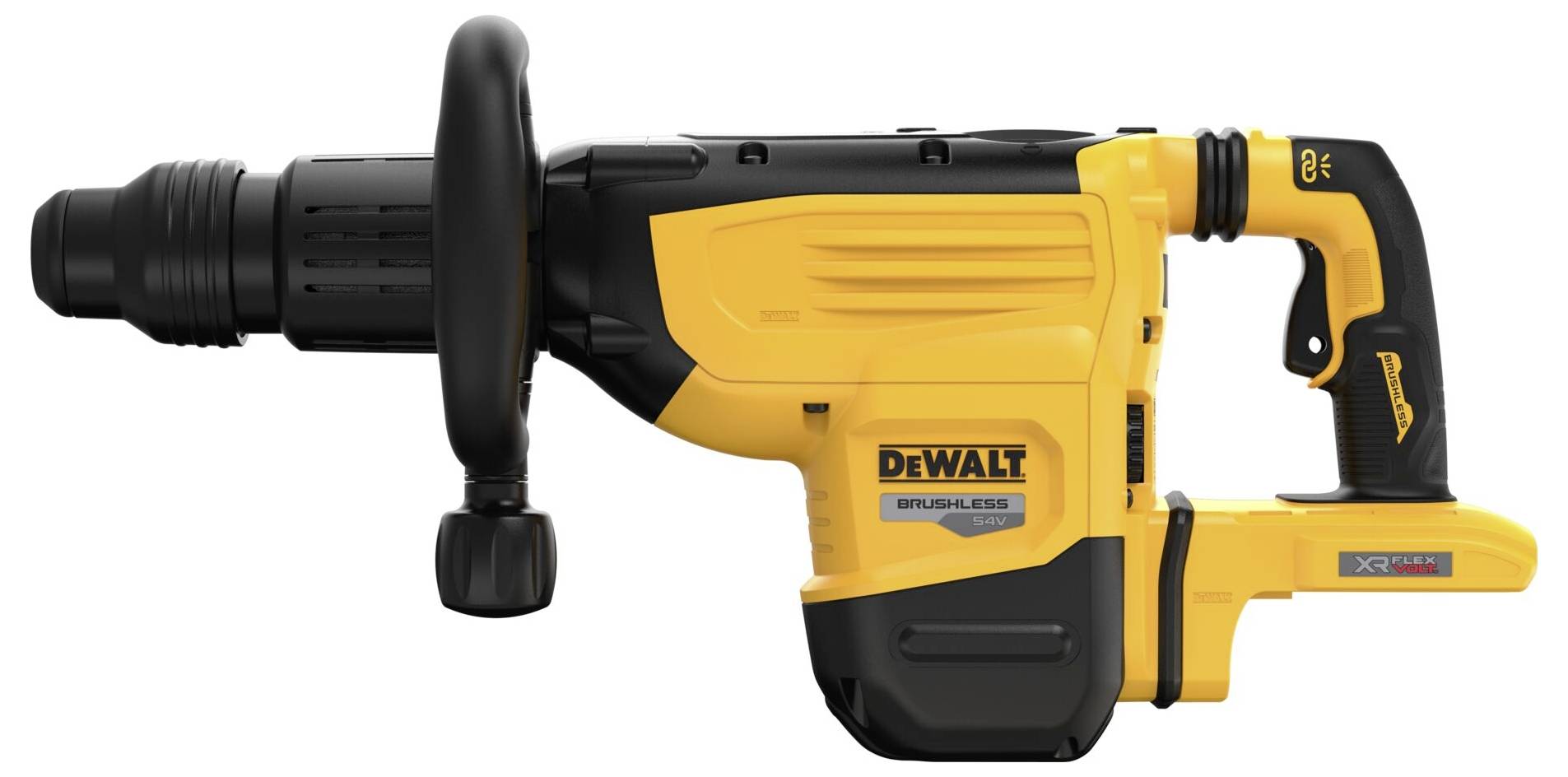 Yellow and black construction tool with a handle; identified as a drill hammer; brand inscription 'DeWalt Brushless'.