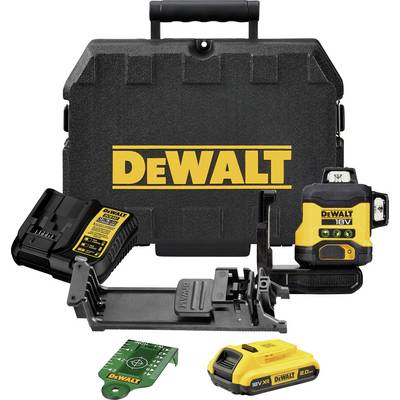 'Black and yellow DeWalt tool set with a laser distance measurer, charger, battery and plastic carry case.'