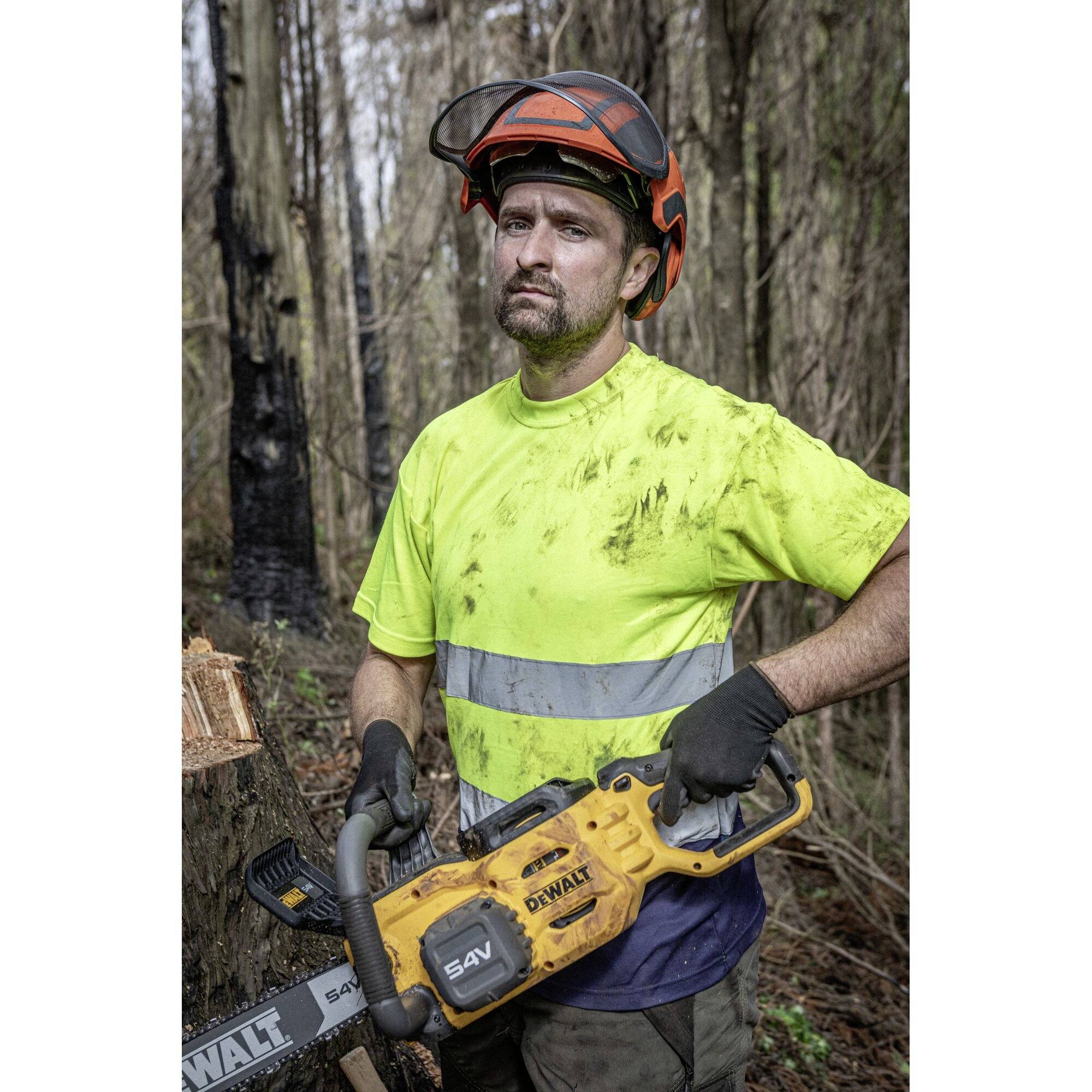 A man in safety clothing is holding a chainsaw in the forest. His helmet and safety glasses indicate forestry work.