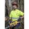 A man in safety clothing is holding a chainsaw in the forest. His helmet and safety glasses indicate forestry work.