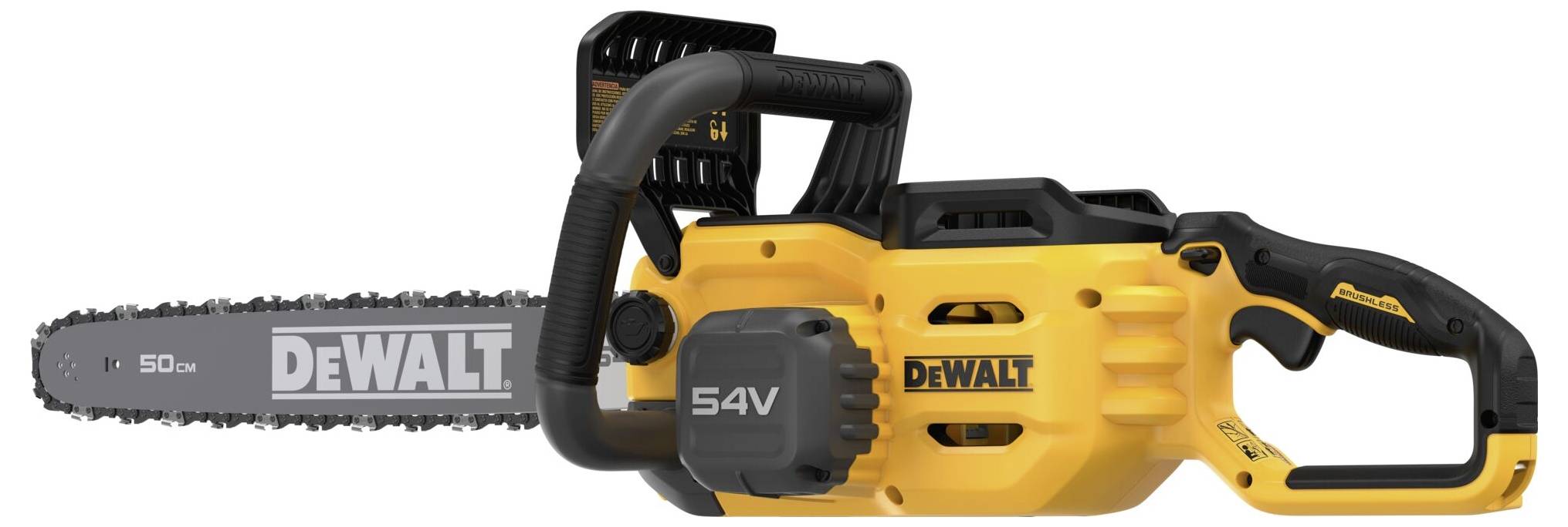 Yellow chainsaw with black handle and 54V drive, side view with visible DeWalt logo on handle and bar.