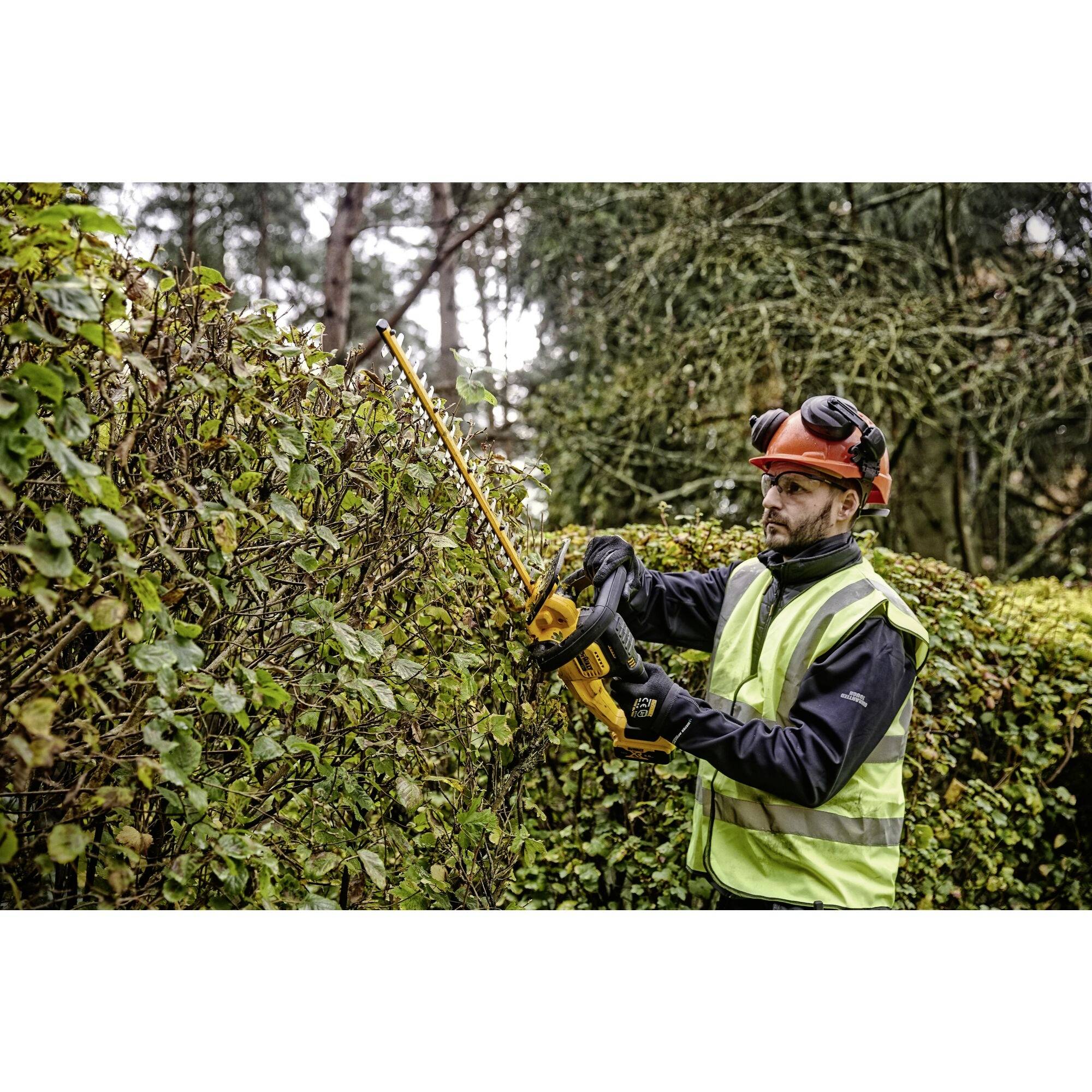 A man in protective clothing is trimming a hedge with hedge shears in a garden. Trees are visible in the background.