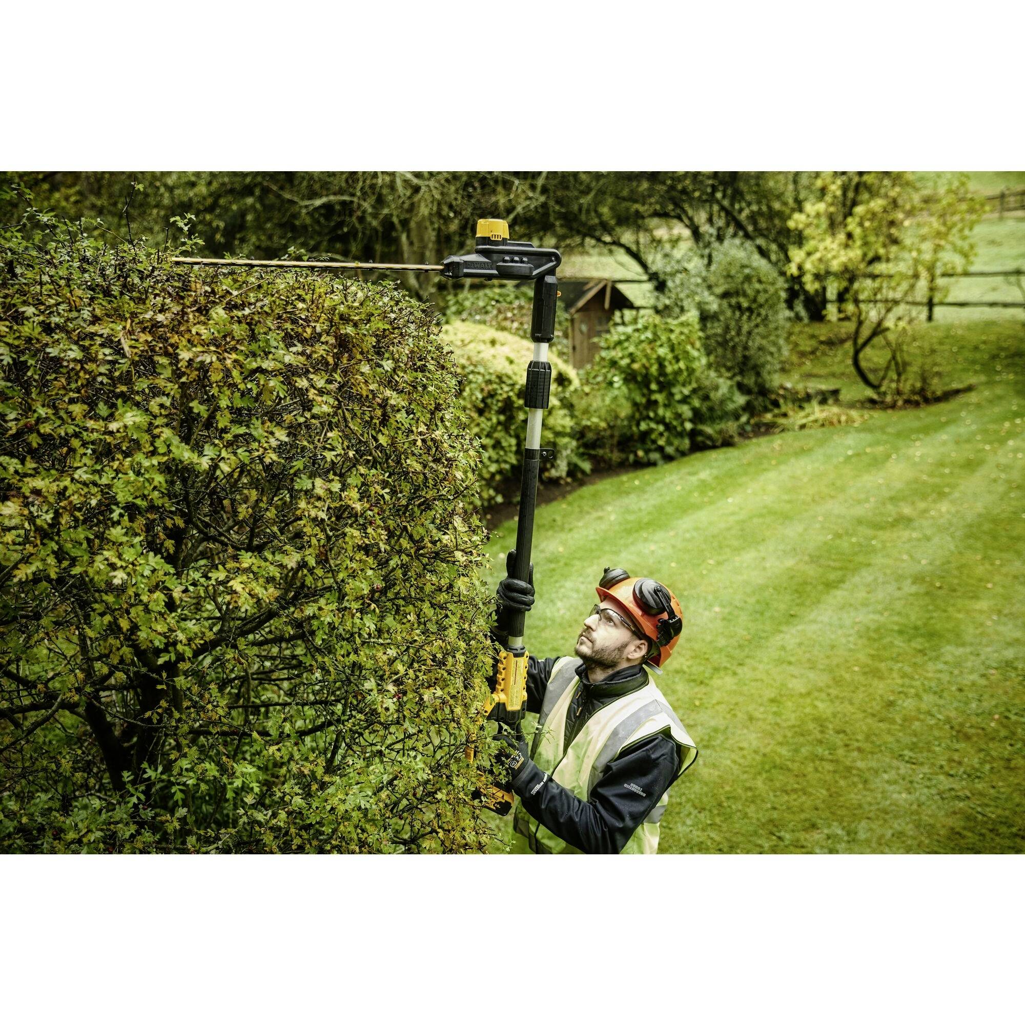 A person is trimming a hedge with a motorised hedge trimmer. They are wearing protective clothing and are standing in a well-maintained garden.