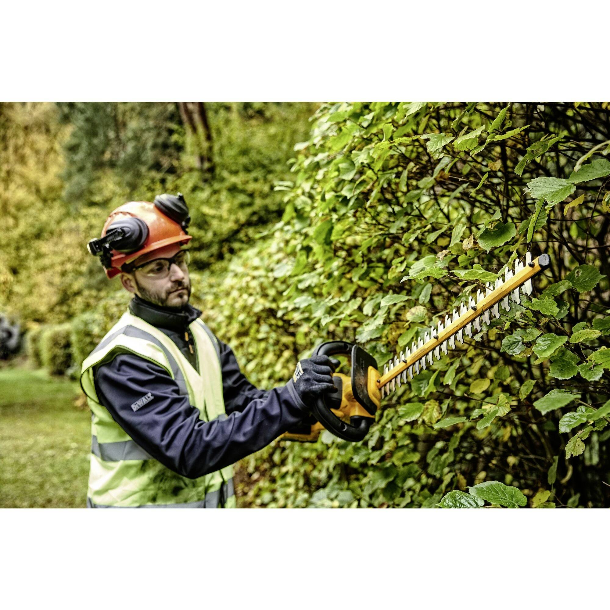 A person in safety clothing is trimming a hedge with an electric hedge trimmer in a garden.