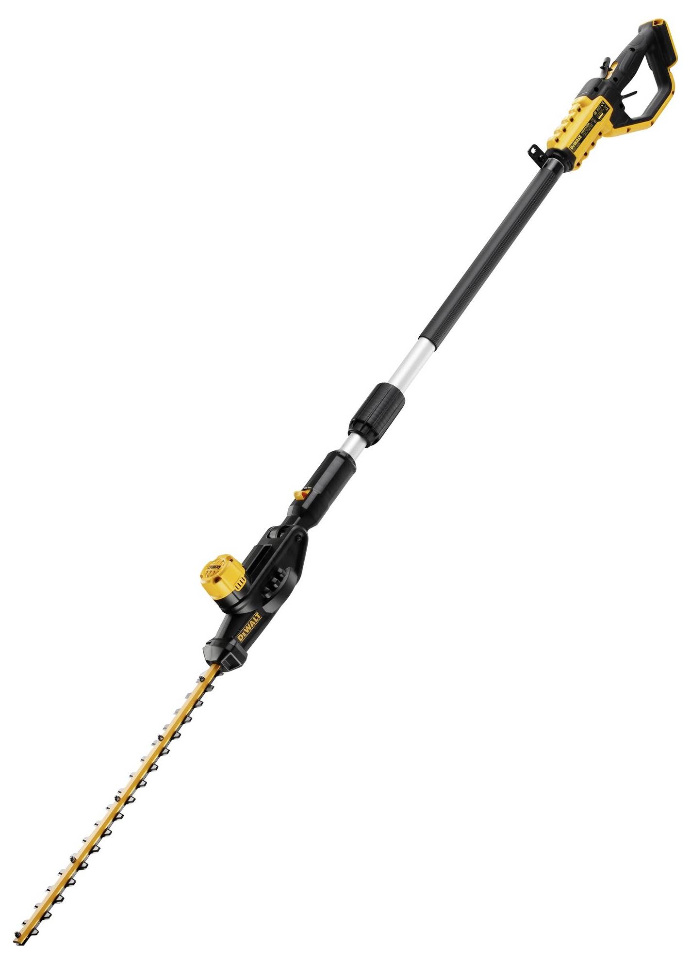 Telescopic hedge trimmer with an extendable, adjustable handle and sharp blades, suitable for cutting tall hedges at height.