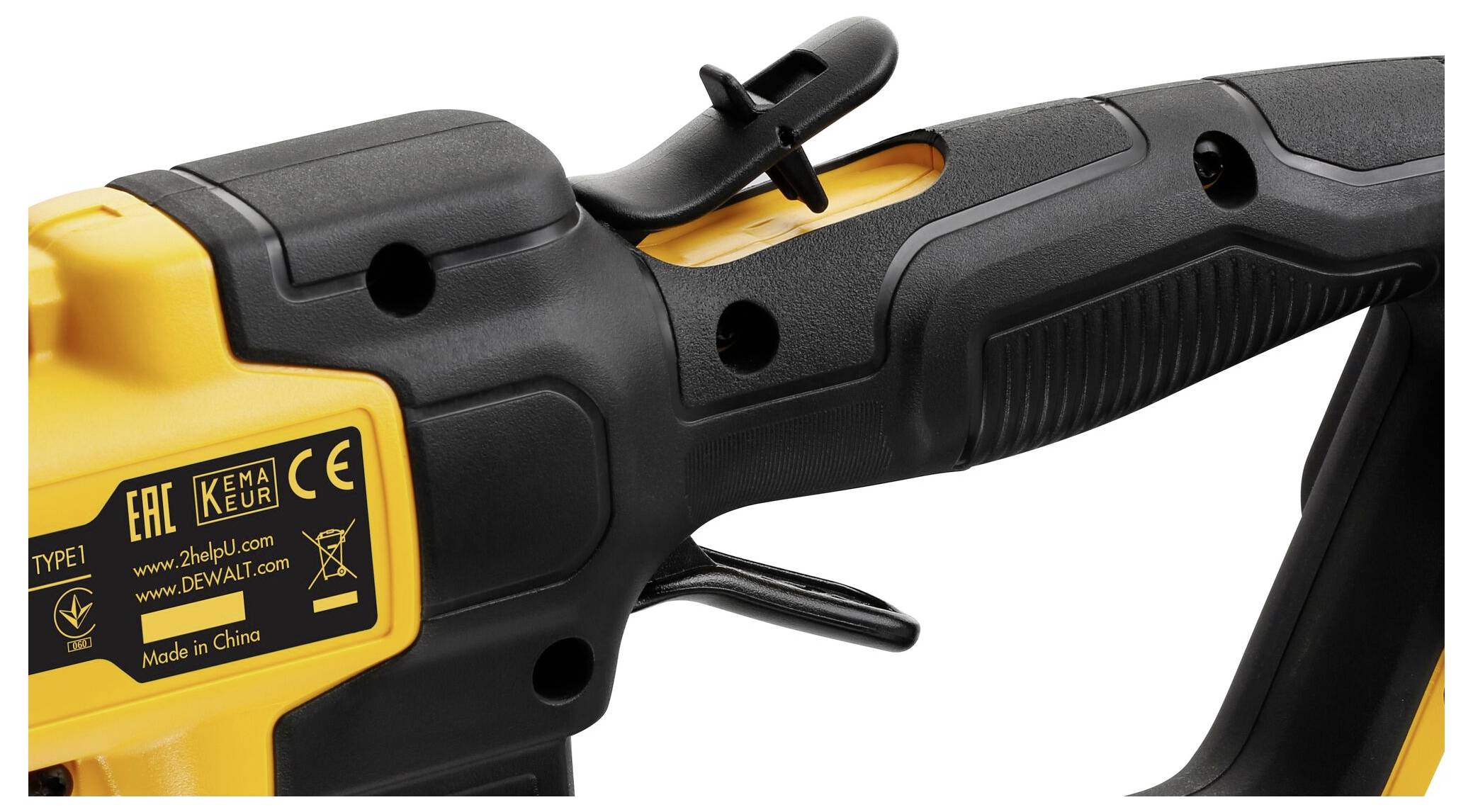 Close-up of an electric tool with a yellow and black casing. Several certification logos are visible.