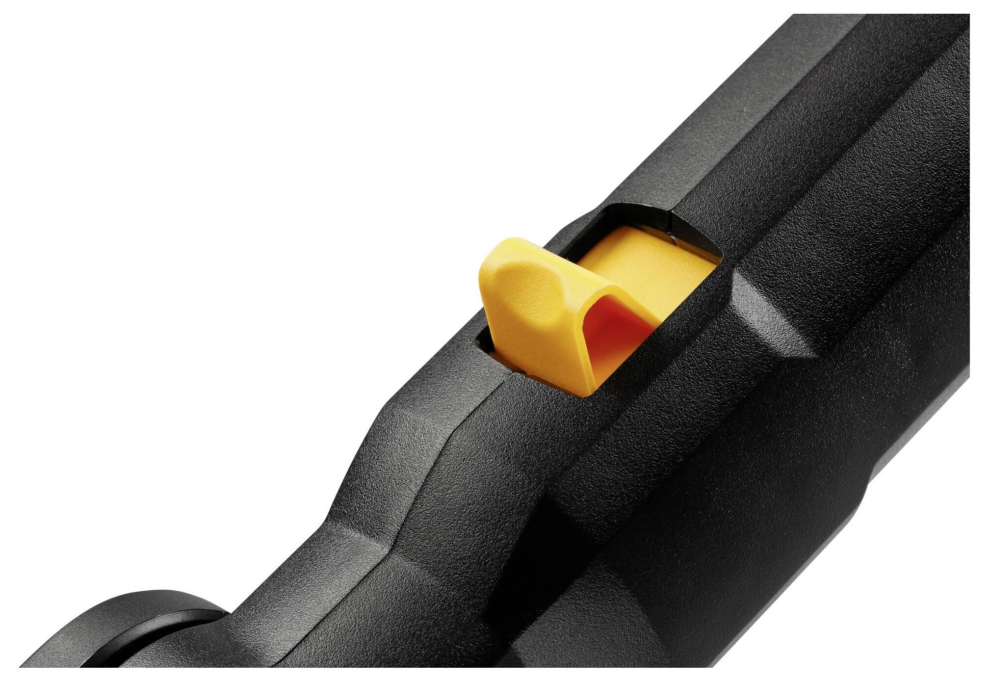 Close-up of a black electric power tool with a yellow switch.