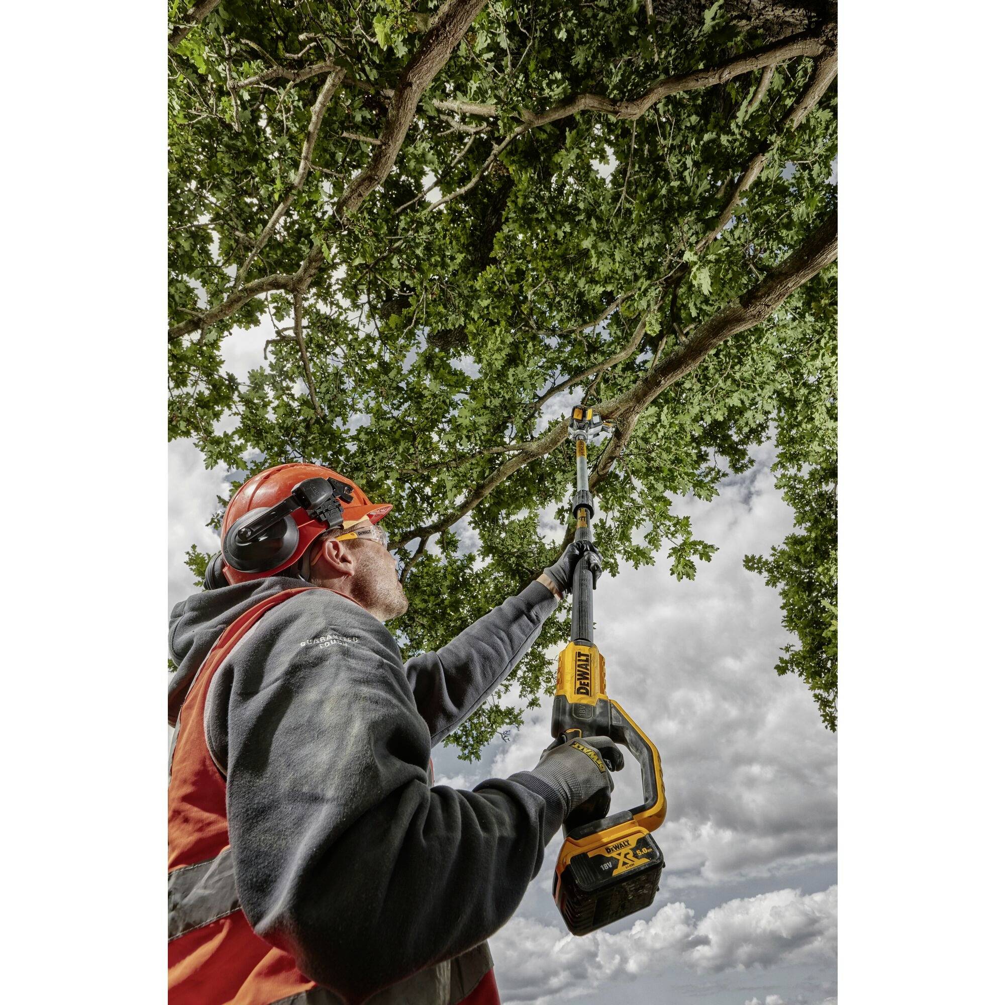 A worker wearing protective clothing and a hard hat is using an electric chainsaw to cut high branches of a tree.