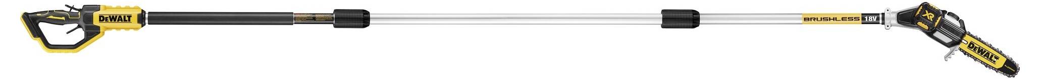 Telescopic hedge trimmer, black and yellow, with extendable handle for hard-to-reach branches. Suitable for precise hedge trimming.