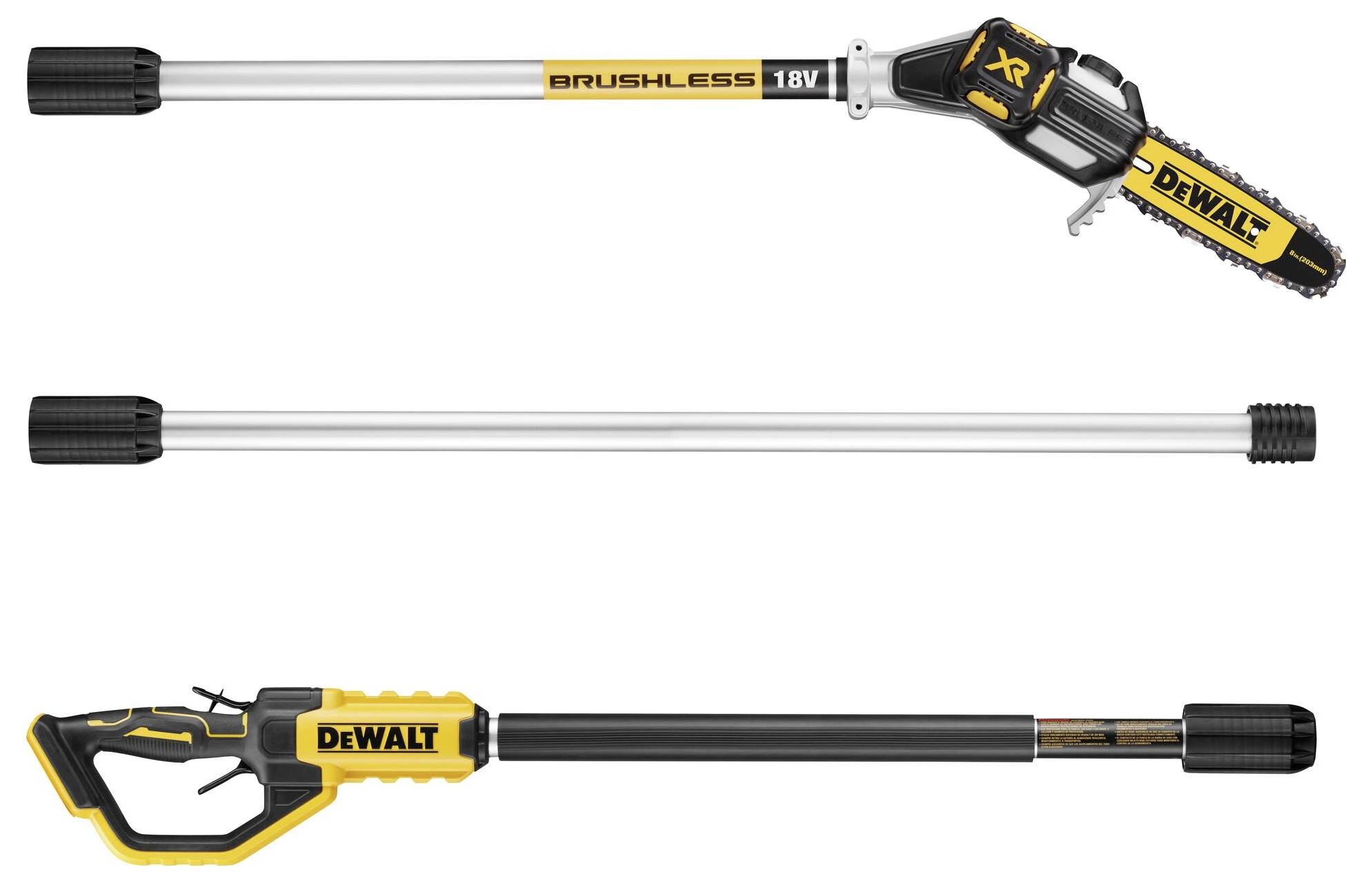 'Three telescopic handles from DeWalt. One handle carries a chainsaw, whilst the other two are different variants of extension handles.'