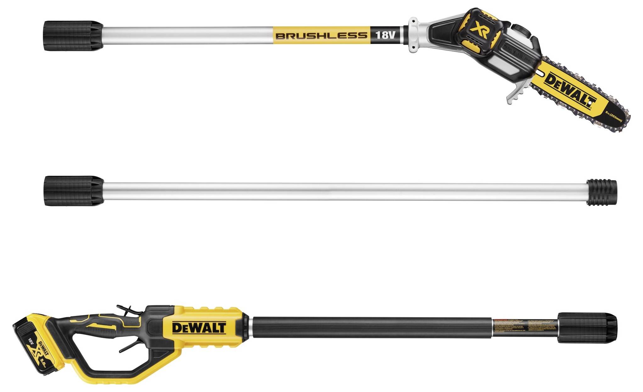 Battery-powered telescopic hedge trimmer by DeWalt, comprising three parts: cutting head, extension pole, and handle.