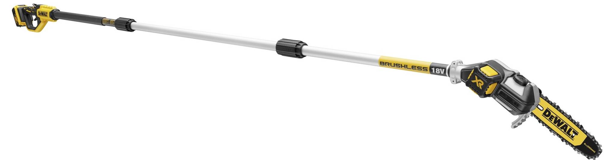 Cordless branch saw with long telescopic handle in black and yellow, suitable for cutting branches at great heights.