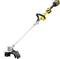 Yellow and black cordless lawn trimmer with long handle and protective guard on the cutting head, set against a white background.