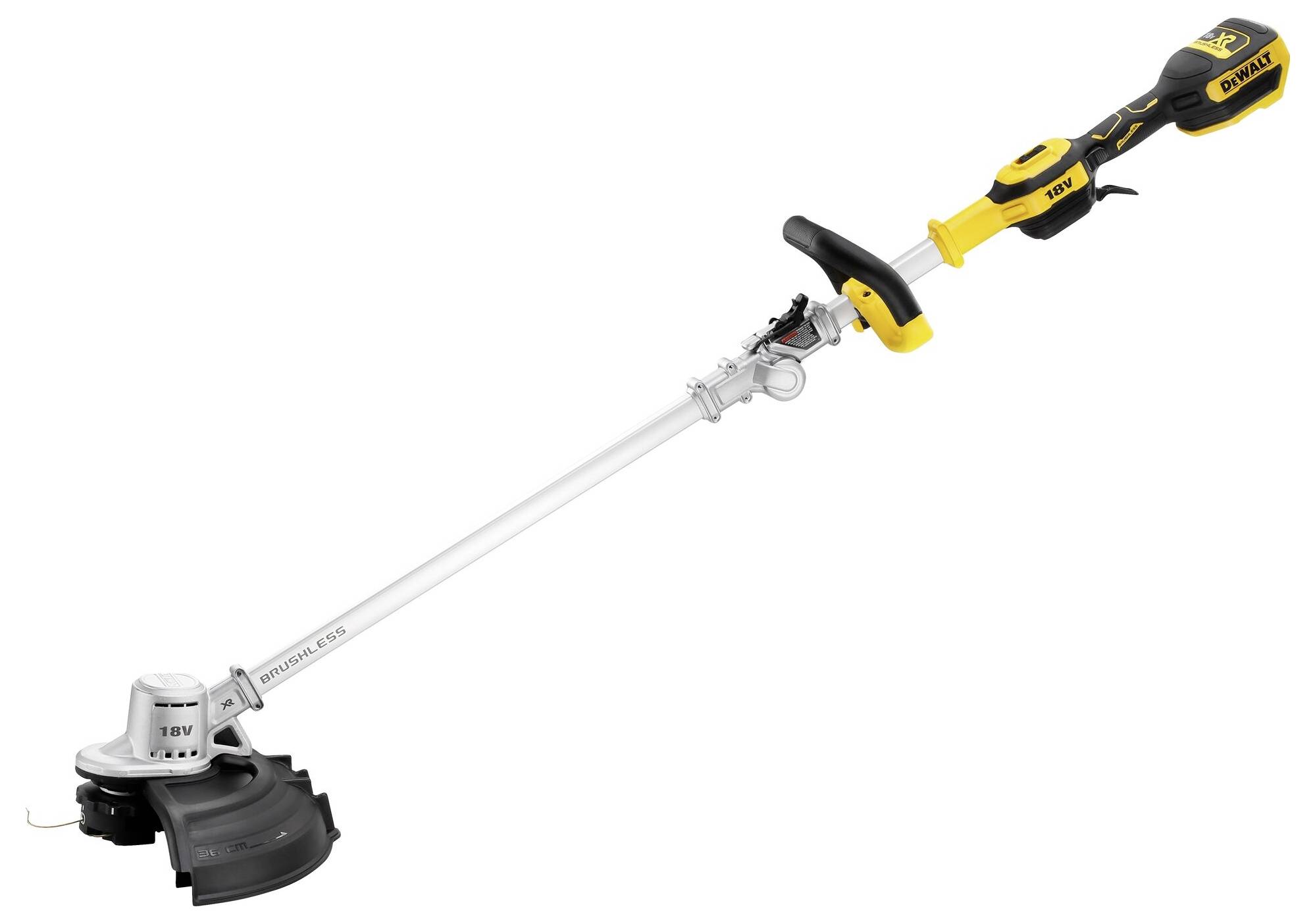 An electric strimmer with yellow and black accents. The machine's head has a protective guard and a cutting line.