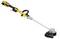 A yellow, battery-powered lawn trimmer with a silver shaft and black handle, ready for use in gardening.