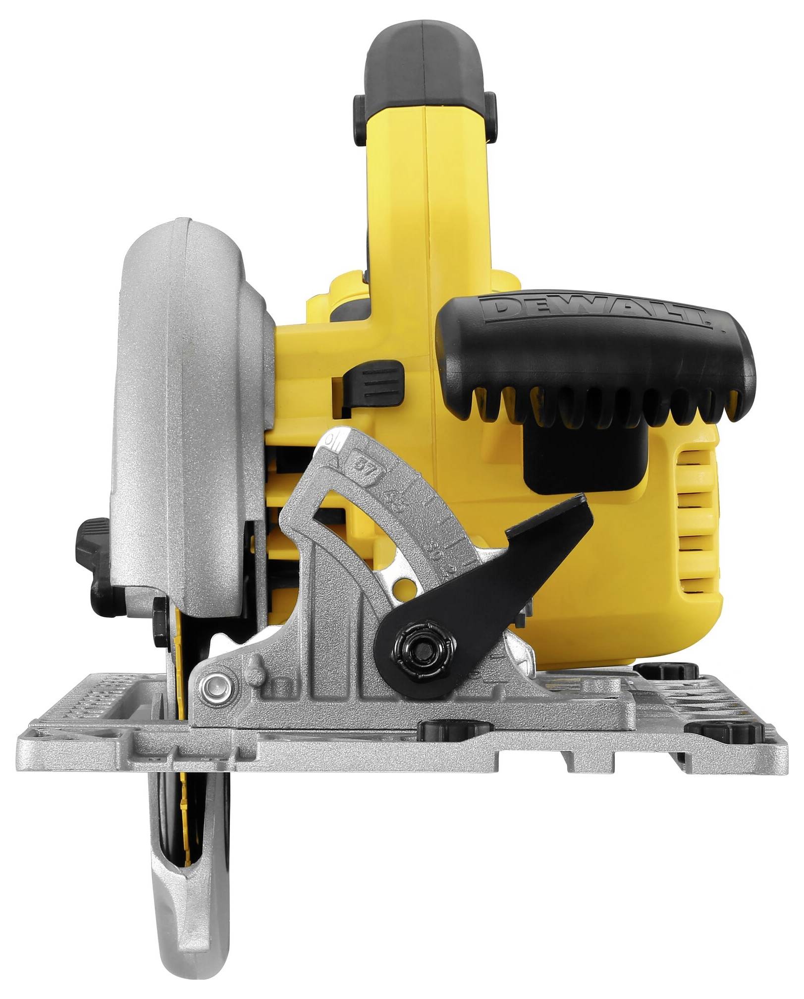 Yellow circular hand saw viewed from the front, distinctively characterised by its black handle and silver saw blade housing. Left section of the saw blade visible.
