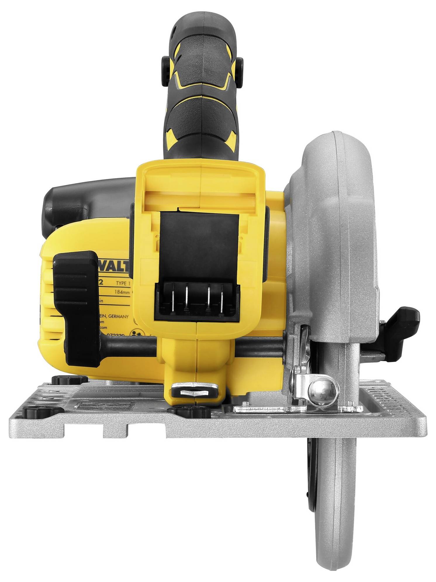 Yellow circular hand saw with a black handle and silver blade, viewed from the front.