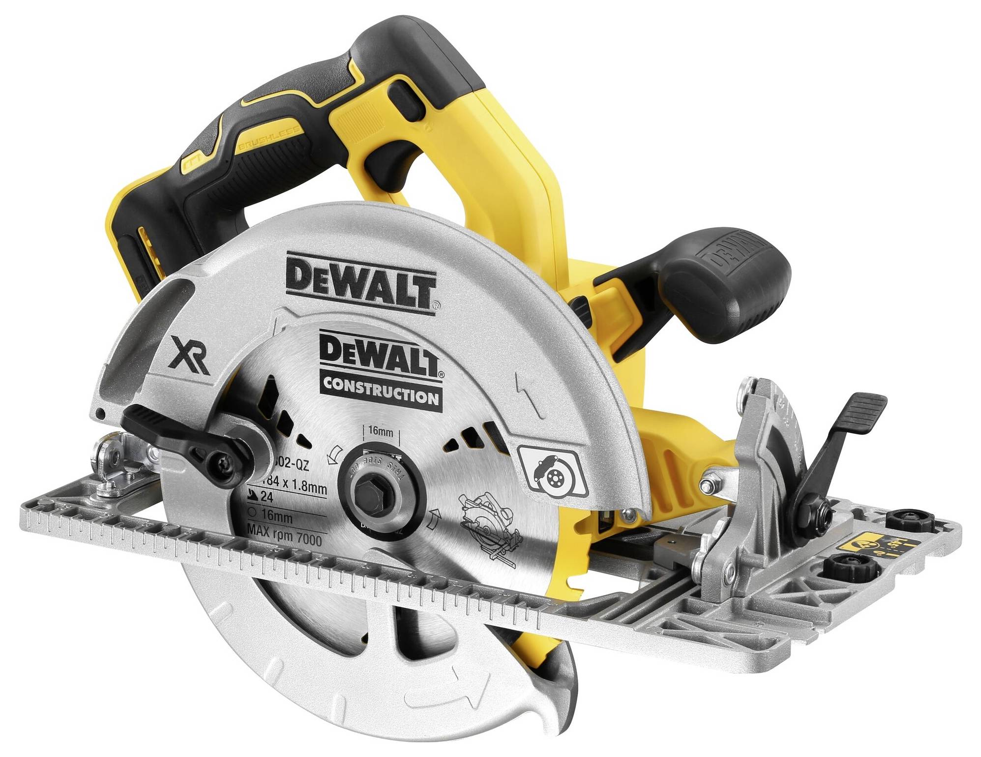 Battery-powered circular saw with a yellow and black handle, silver blade, and 'DeWalt' logo.