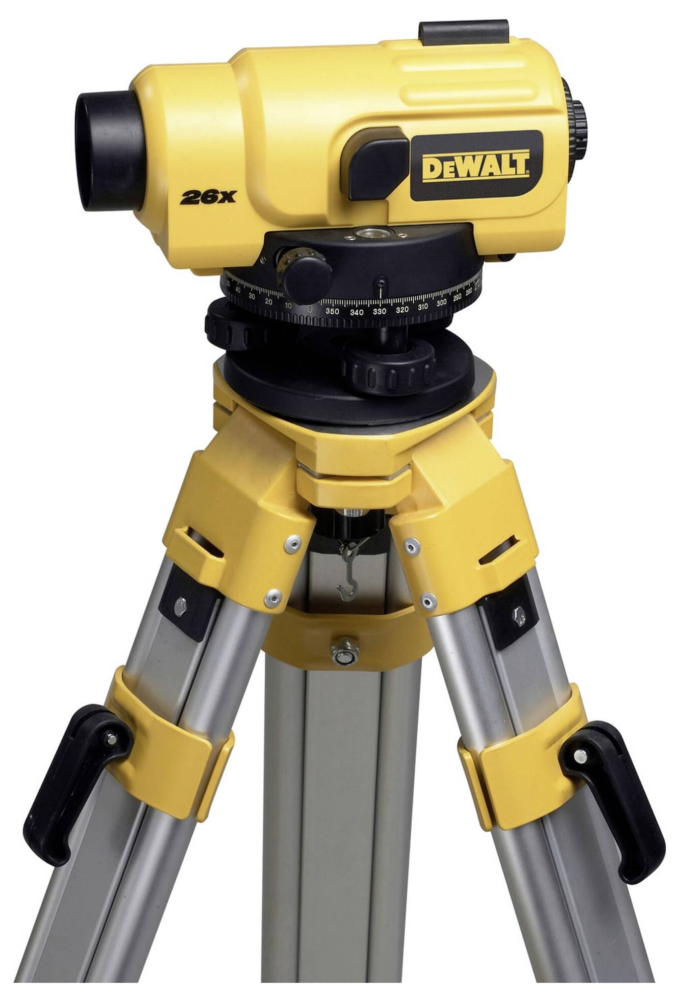 Yellow optical level on a tripod, used for surveying work to determine height differences.