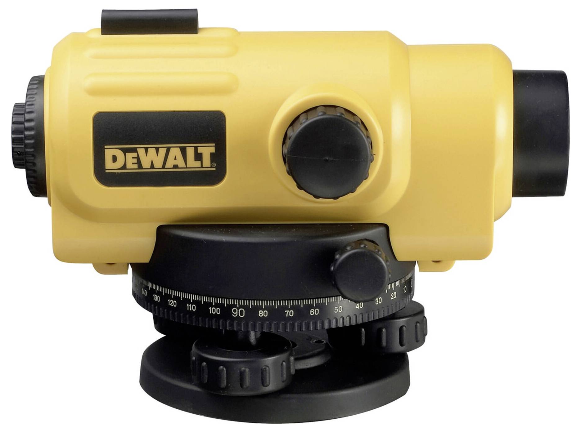 A yellow automatic spirit level from DeWalt with a rotatable fine adjustment mechanism for precise measurement of height differences.