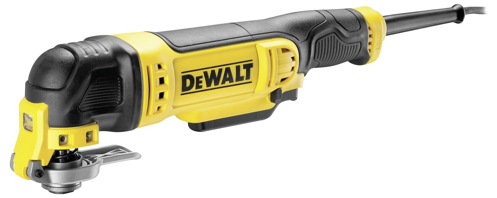 A yellow and black multi-functional power tool with the logo of a well-known brand on the side.