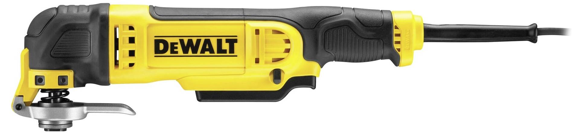 Yellow and black electrical multi-sander with cable, side view.