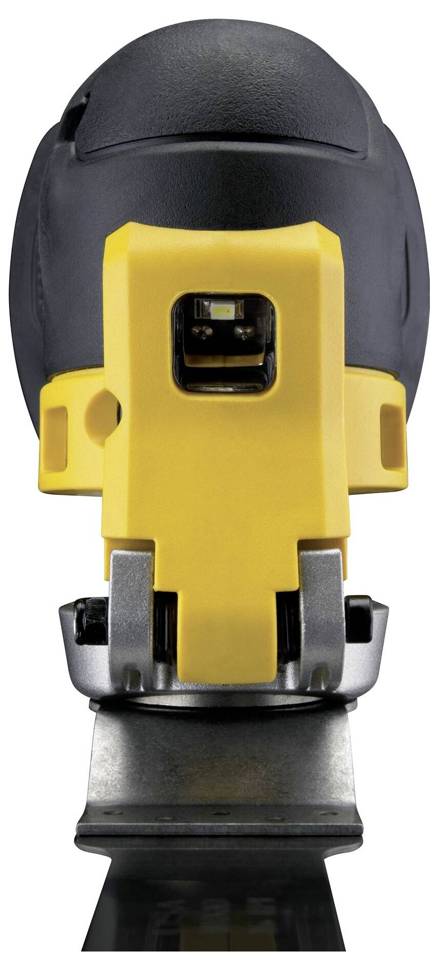 Close-up of an electric power tool with yellow and black elements, likely a grinding device used for smoothing surfaces.