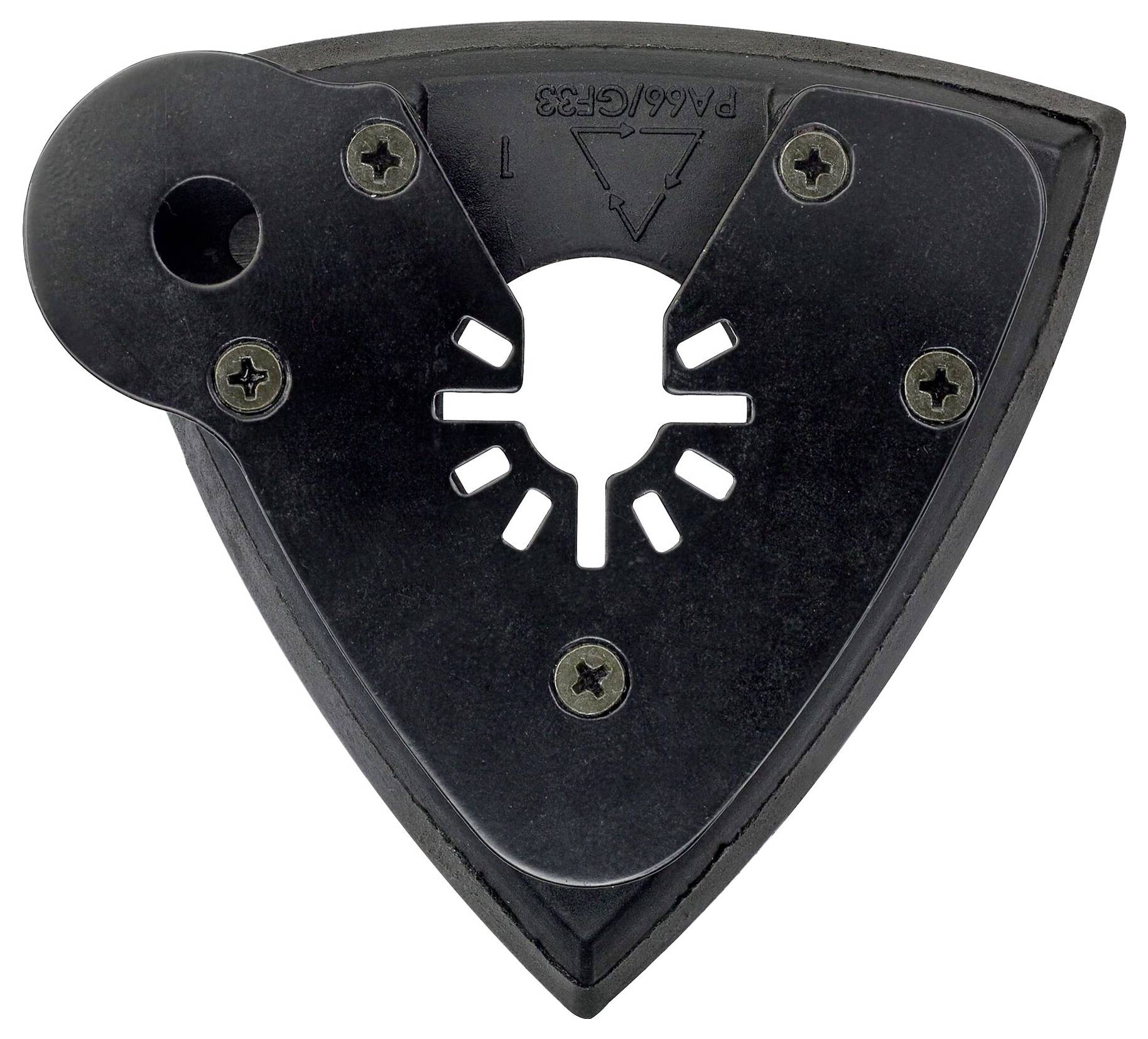 Triangular metal plate with four screws, central hole pattern, and arrow-shaped symbol with the inscription 'PA46-GF33'.