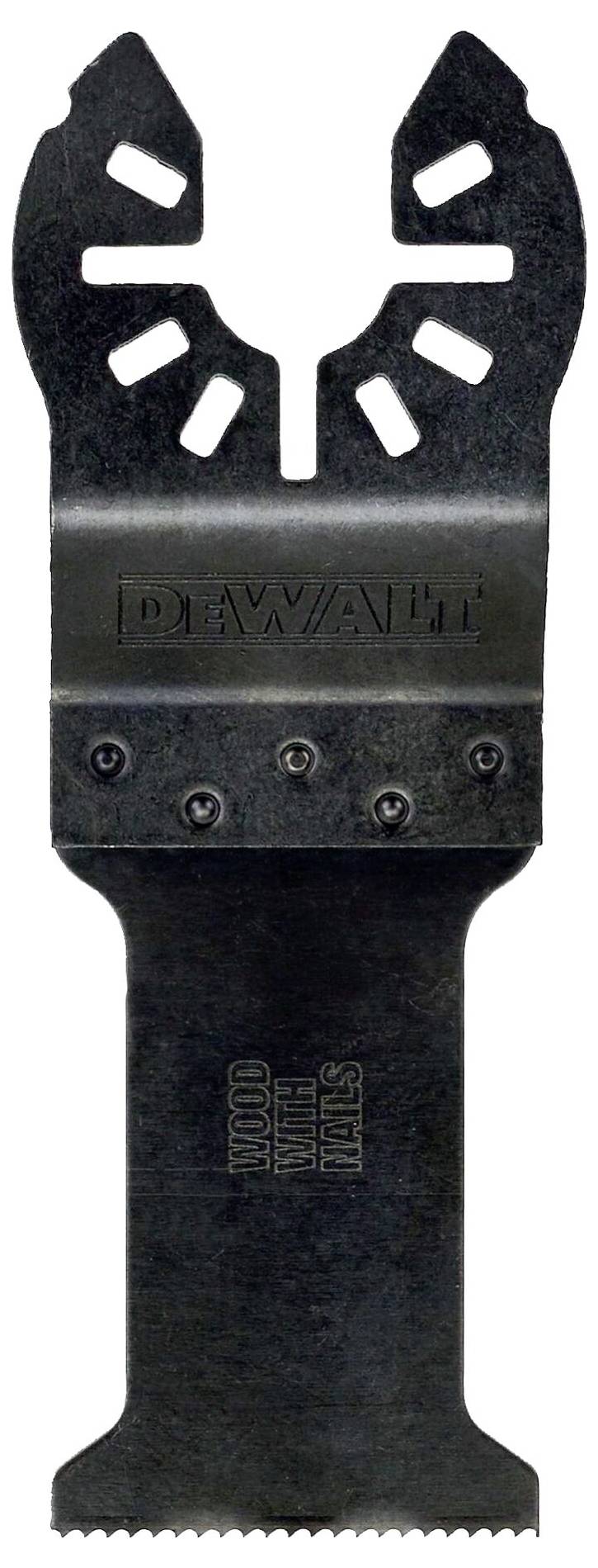 A black DeWalt saw blade, suitable for wood and nail work. It has serrated openings at the top for attachment.