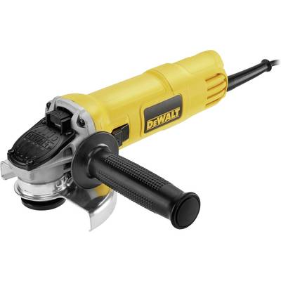 Yellow angle grinder machine with a black handle and power cable, 'DEWALT' model plate visible.