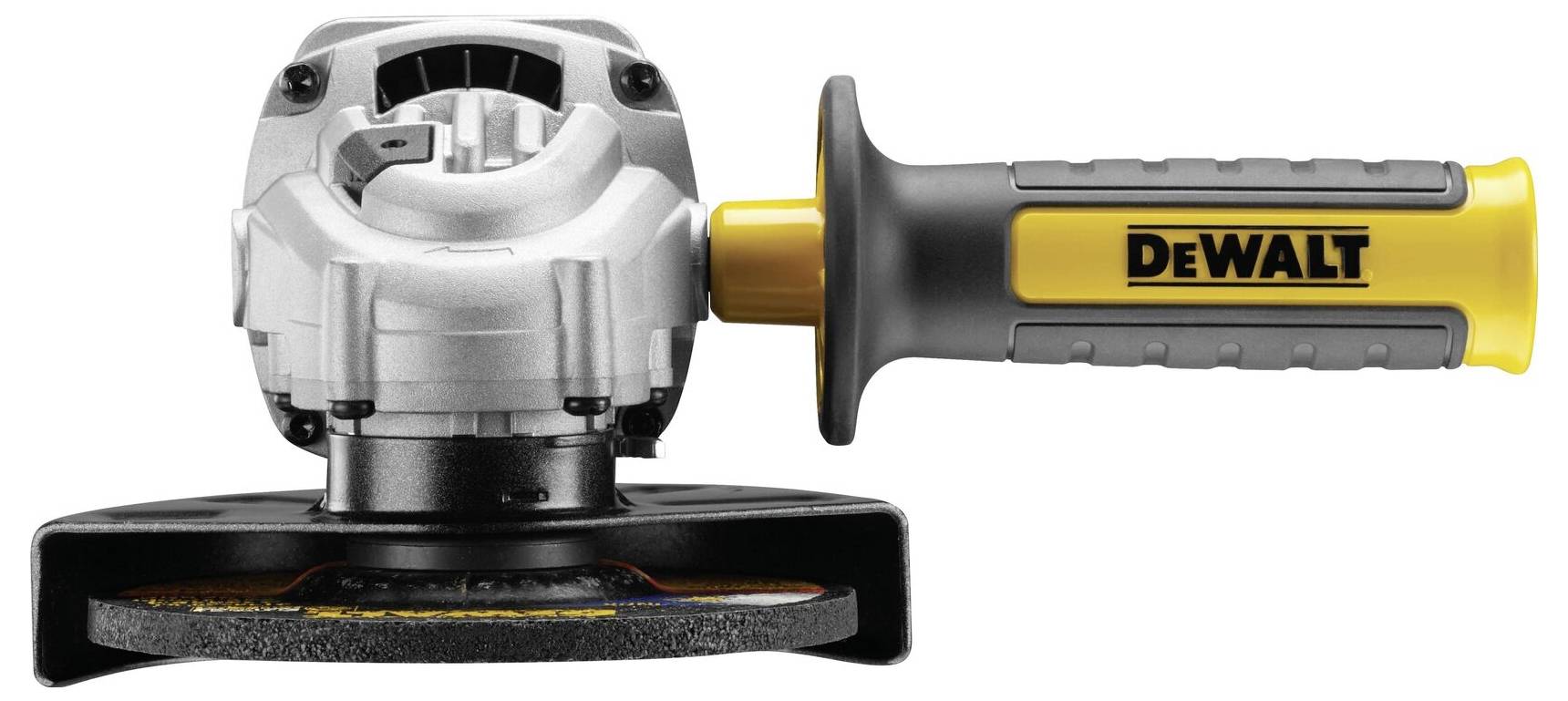 A DeWalt angle grinder with a yellow handle, black guard, and metal casing, suitable for grinding and cutting work.