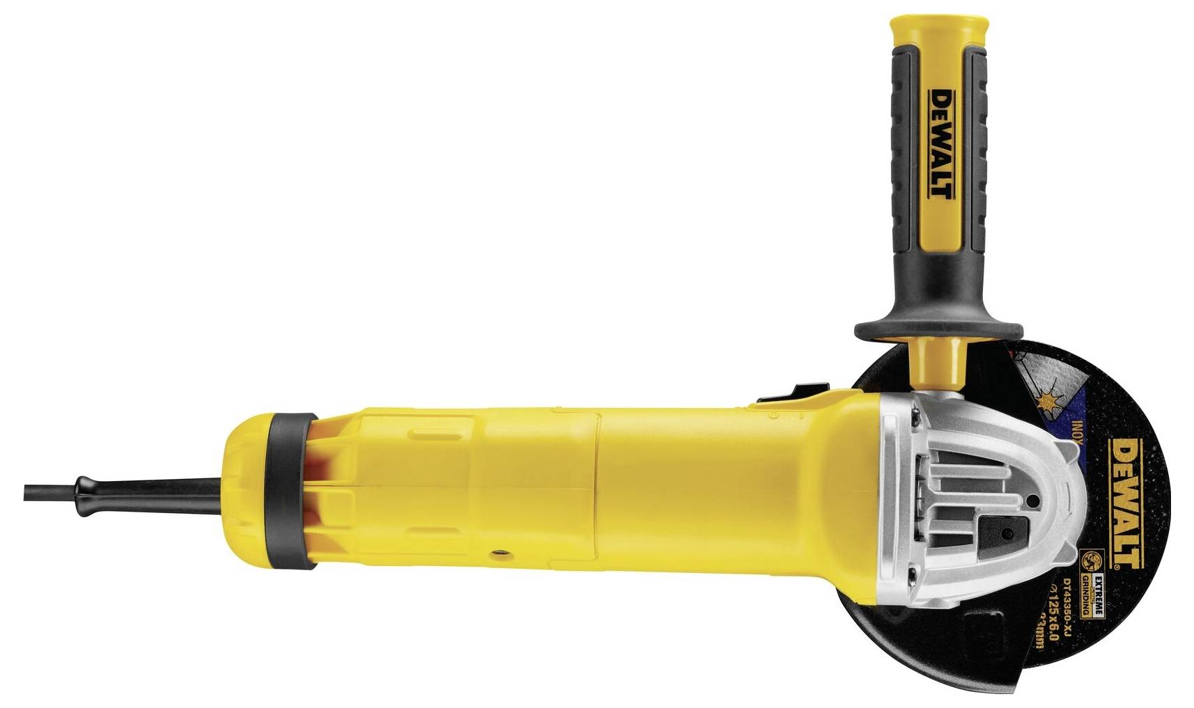 Yellow angle grinder with a black handle, positioned on its side. The 'DEWALT' brand is visible on the handle.