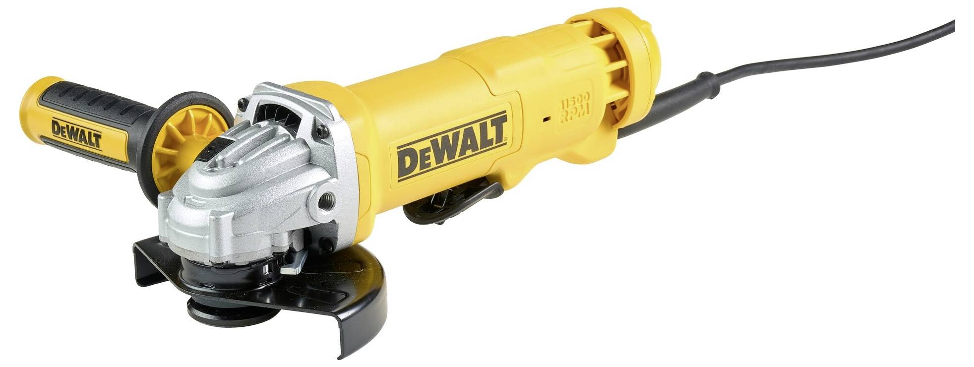 A yellow angle grinder with a black guard and additional handle, suitable for cutting and grinding materials.