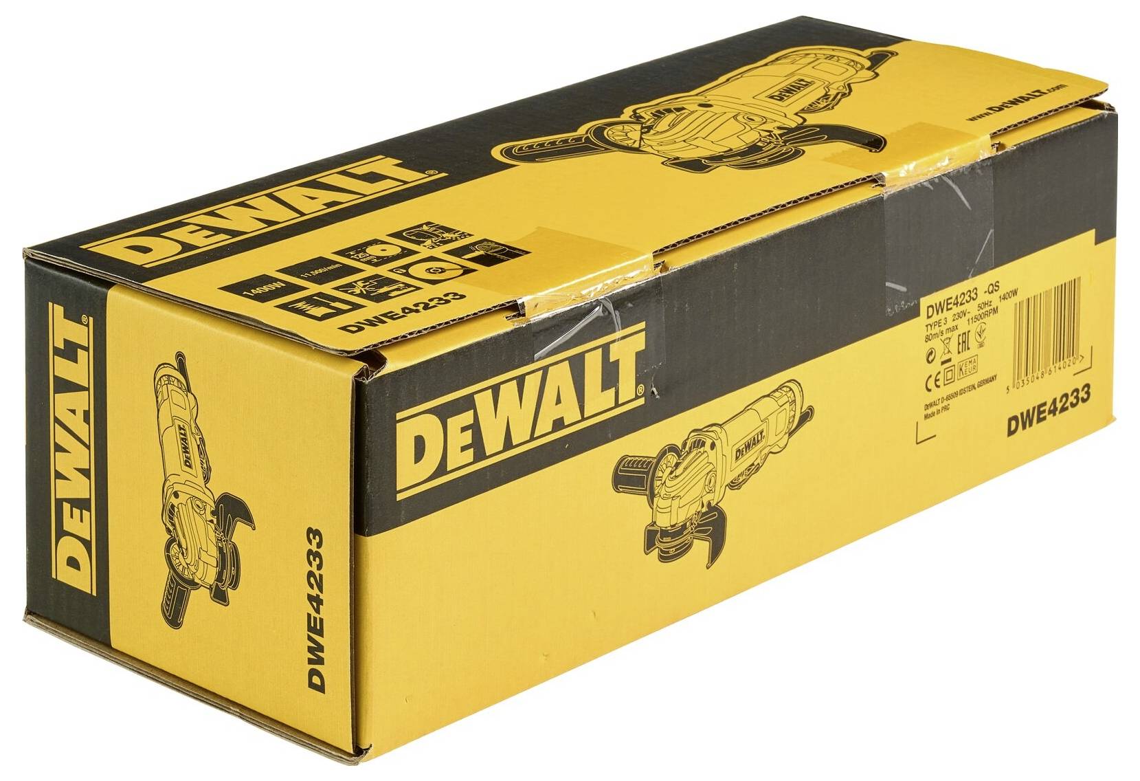A yellow product packaging from the DEWALT brand, showing an illustration of an angle grinder with model number DWE4233 on the side.