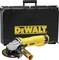 A 'DEWALT' angle grinder in yellow with a single handle, pictured in front of a black tool box bearing the 'DEWALT' logo.