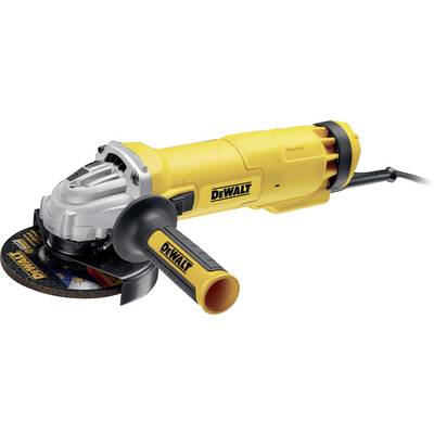 Electric angle grinder in yellow with a black handle, suitable for cutting and grinding materials. 'DEWALT' brand name visible.
