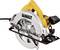 Yellow hand-held circular saw with silver saw blade. Brand name 'DeWalt'. Tool for cutting wood and other materials.