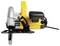 Electric circular hand saw in side view with yellow housing and black handle. Suitable for cutting wood materials.