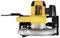 A yellow circular saw with a black handle and cable. It is mounted on a metal base, suitable for precise cuts in wood or metal.